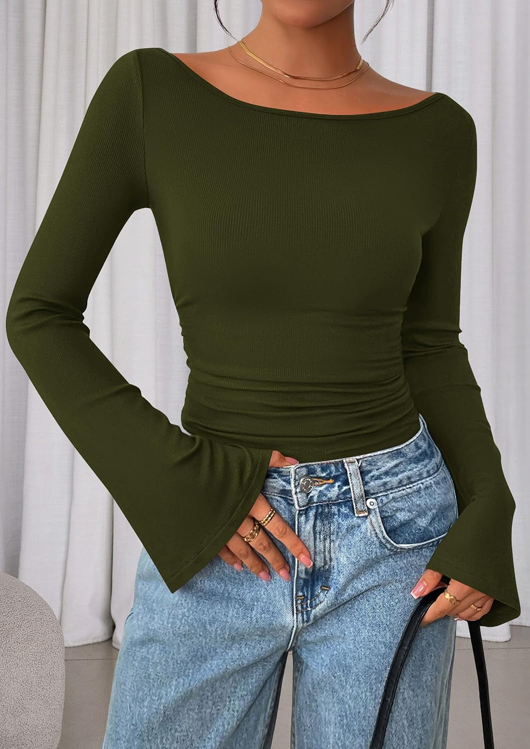 Womens Bell Long Sleeve Ribbed Knit Tops