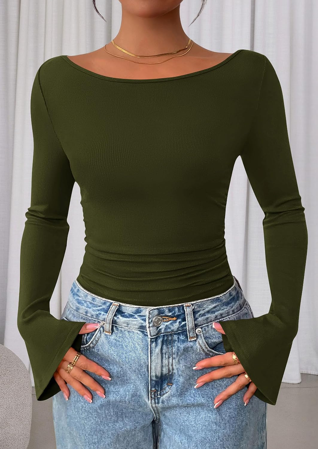 Womens Bell Long Sleeve Ribbed Knit Tops