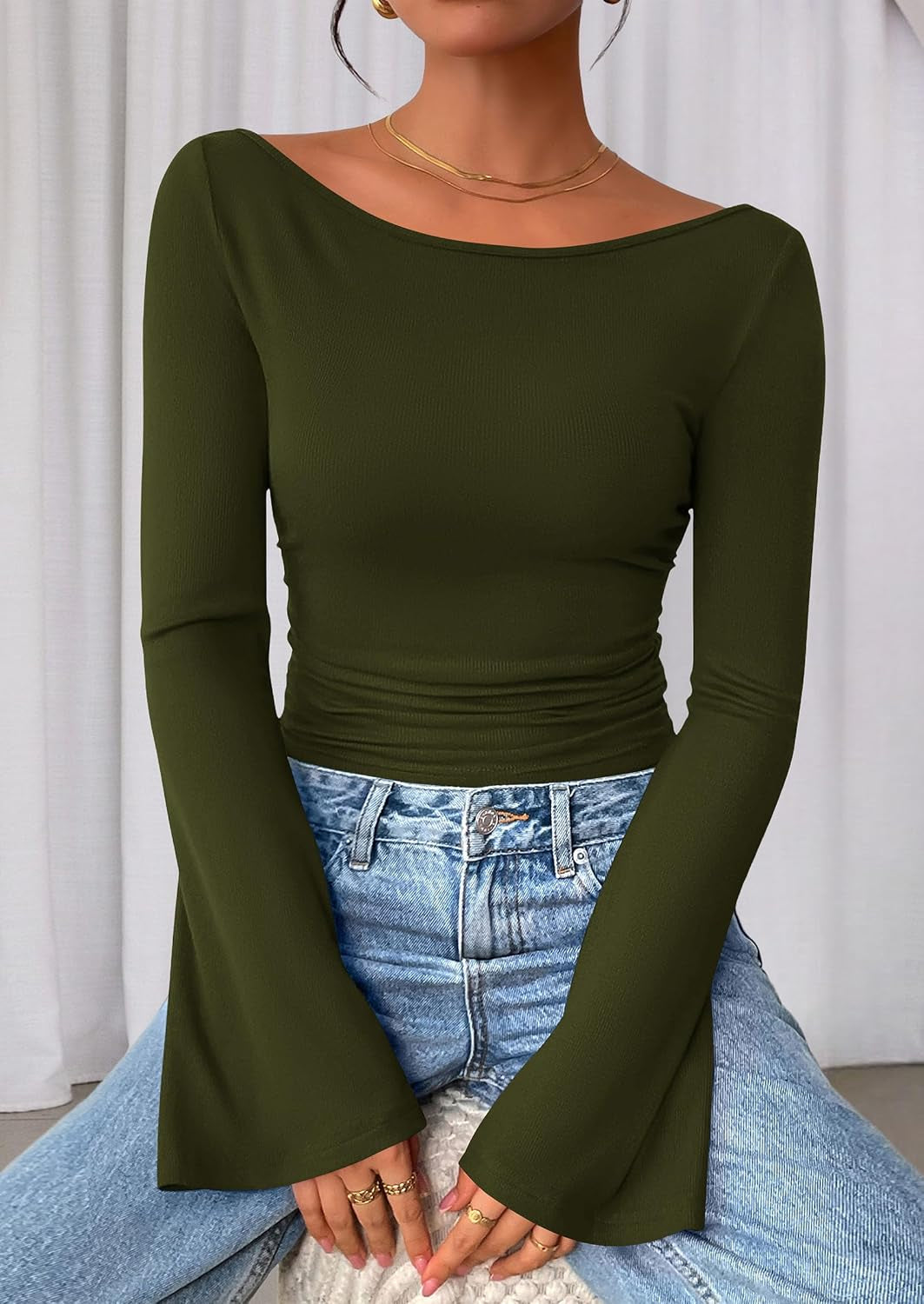 Womens Bell Long Sleeve Ribbed Knit Tops
