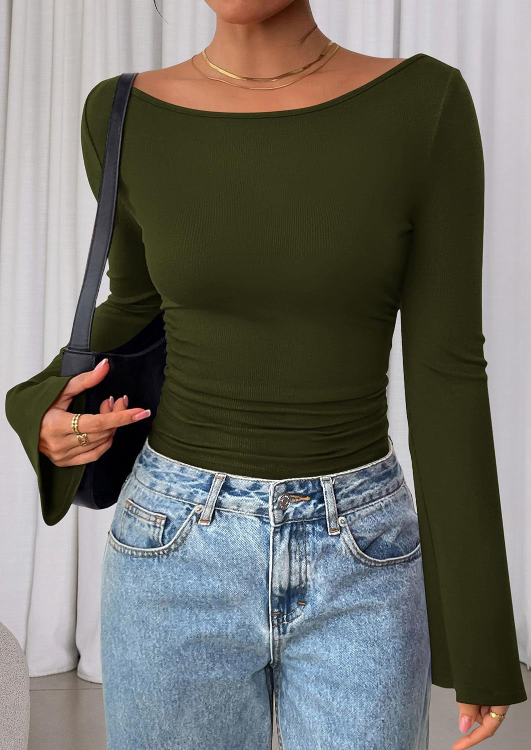 Womens Bell Long Sleeve Ribbed Knit Tops