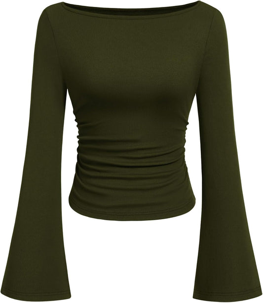 Womens Bell Long Sleeve Ribbed Knit Tops